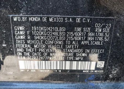 2023 Honda Hr-V Awd Ex-L from USA, damaged, VIN 3CZRZ2H77PM737191
